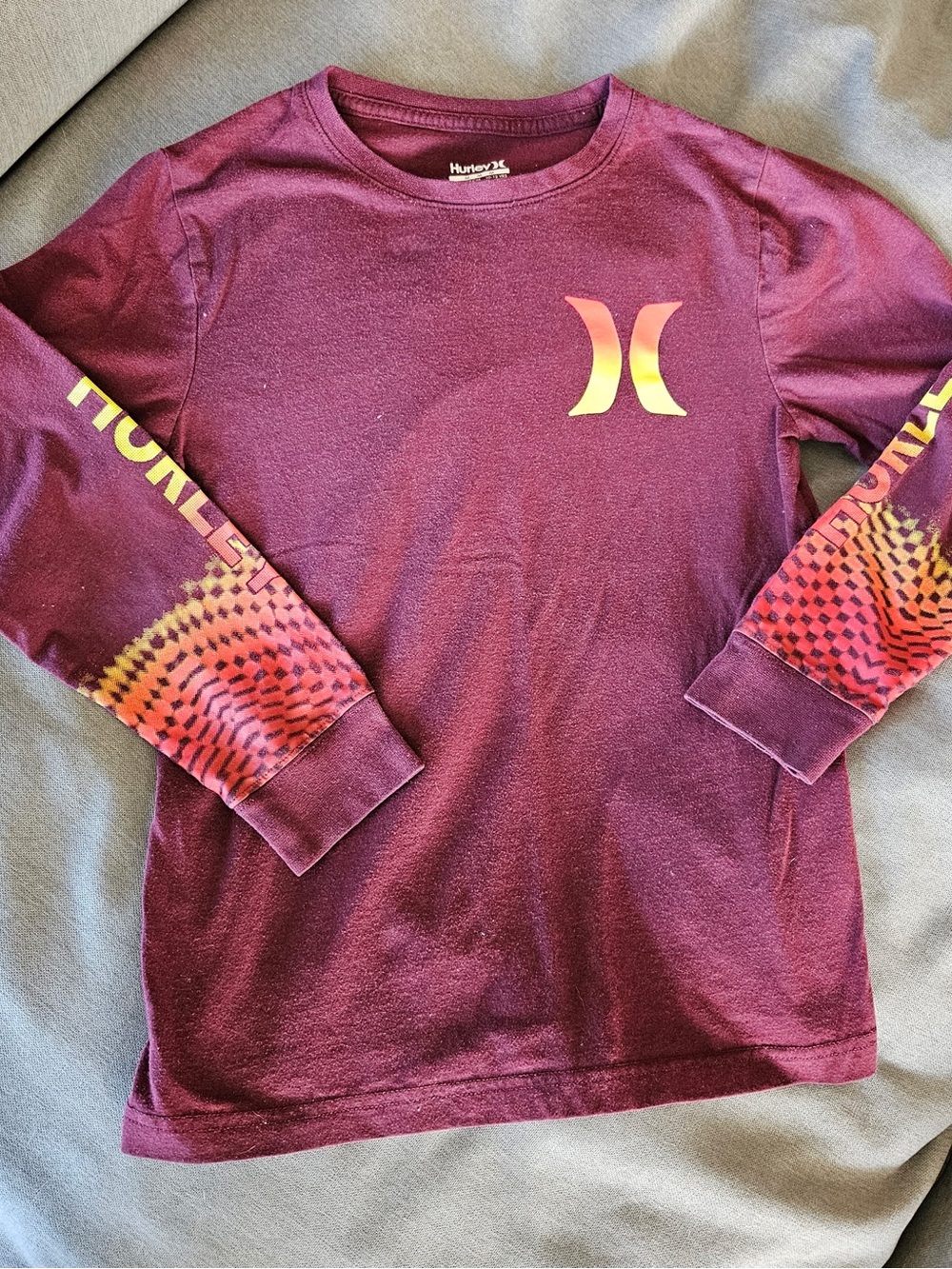 Hurley Kids Long-Sleeve Tee - Maroon with Yellow-Orange Gradient Logo